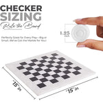 White and black marble checkers set size guide — 15x15 inch board with 1.25 inch diameter disc measurement by RADICALn