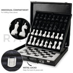 White and black marble chess set luxury storage box open — individual compartments for all 32 pieces and metal locks by RADICALn