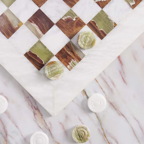 White & Green Onyx Marble Checkers Set — 15-Inch | Handmade Natural Stone
