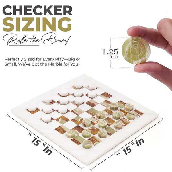 White and green marble checkers set size guide — 15x15 inch board with 1.25 inch diameter disc measurement by RADICALn