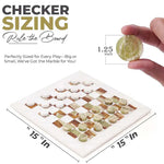 White and green marble checkers set size guide — 15x15 inch board with 1.25 inch diameter disc measurement by RADICALn