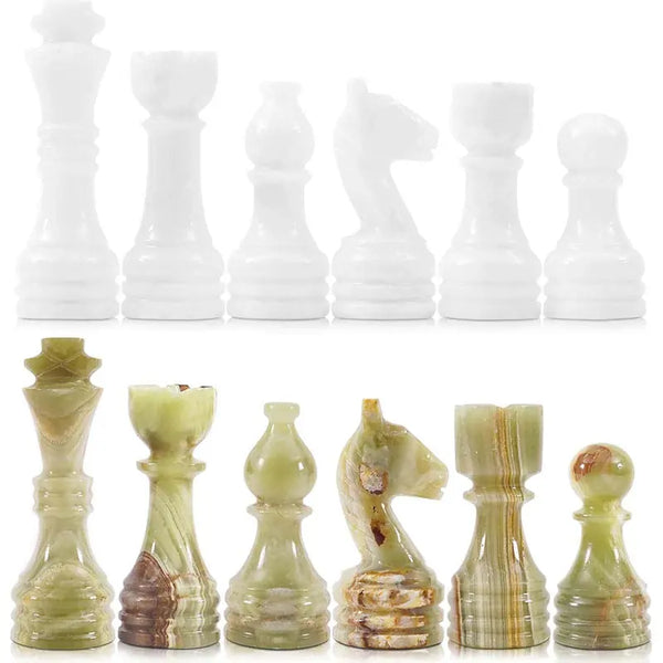 White marble and green onyx chess pieces lineup — king queen bishop knight rook pawn by RADICALn