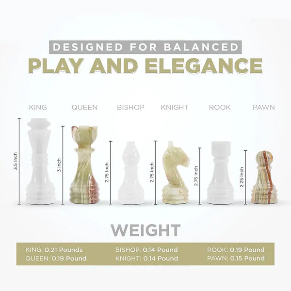 White and green onyx chess pieces size guide — king 3.5 inches, queen 3 inches, weights by piece by RADICALn