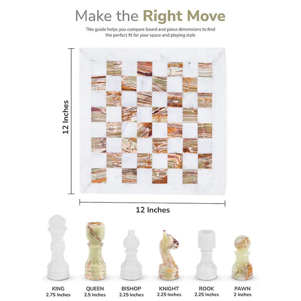 White and green onyx marble chess set size guide — 12x12 inch board, king 2.75 inches, queen 2.5 inches, pawn 2 inches by RADICALn