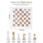 White and green onyx marble chess set size guide — 12x12 inch board, king 2.75 inches, queen 2.5 inches, pawn 2 inches by RADICALn
