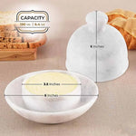 White marble butter dish set dimensions: 6 inch base, 5 inch dome lid and 6.4 oz capacity, shown with spreader knife