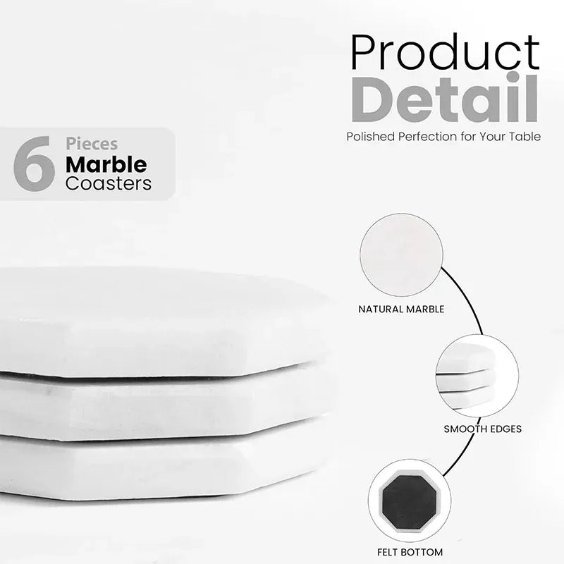 Six white marble coaster plates showing polished edges and felt bottoms