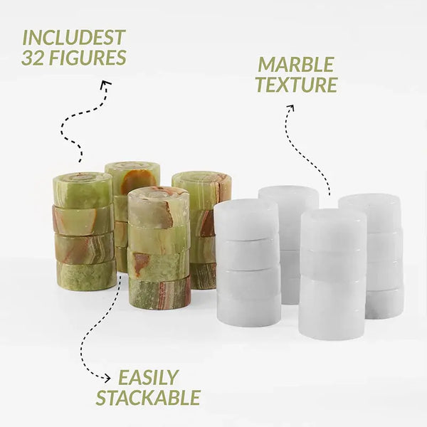 White marble and green onyx checkers pieces — 32 stackable natural marble discs by RADICALn