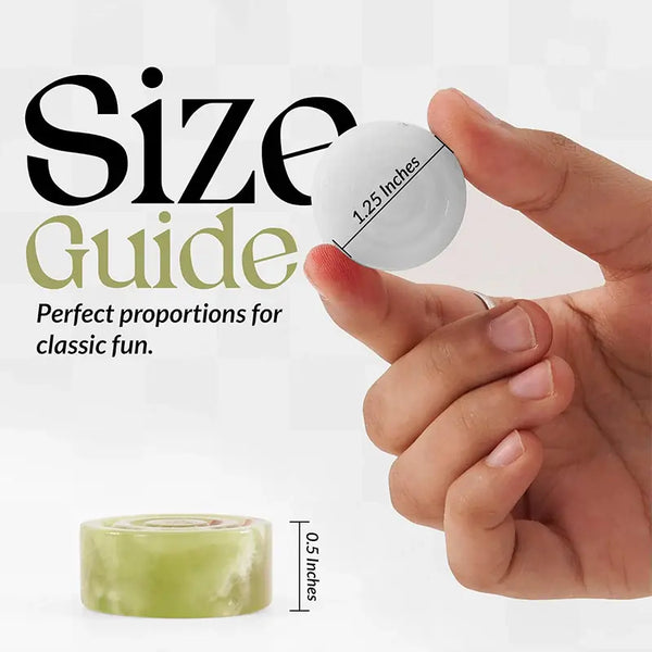 White marble and green onyx checkers pieces size guide — 1.25 inch diameter, 0.5 inch height by RADICALn