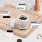 White marble mortar and pestle features: smooth edges, comfortable pestle and natural stone with unique veining