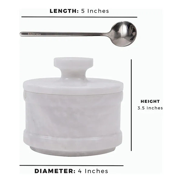 White marble salt cellar with lid and 5 inch stainless steel spoon, 4 inches in diameter and 3.5 inches tall