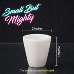 White marble shot glass size guide showing 2 inches tall and 2 inches wide