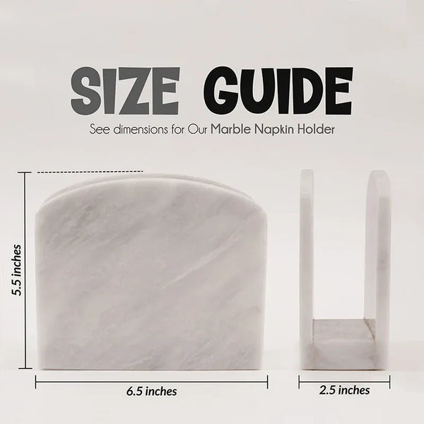 White marble napkin holder size guide: 6.5 inches wide, 5.5 tall, 2.5 deep