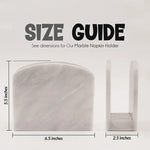 White marble napkin holder size guide: 6.5 inches wide, 5.5 tall, 2.5 deep