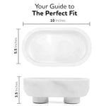 White marble trinket bowl size guide: 10 inches long, 5.5 wide, 3.5 tall