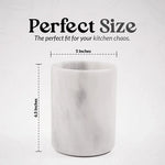 White marble utensil holder size guide showing 5 inch width and 6.5 inch height