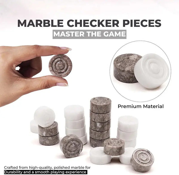 White and oceanic marble checker pieces close-up — hand holding oceanic marble disc showing concentric ring detail, stacked discs by RADICALn