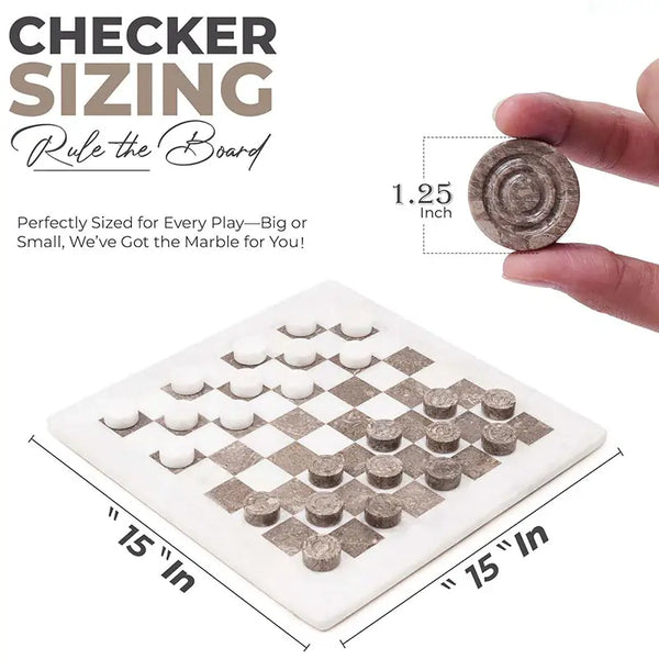 White and oceanic marble checkers set size guide — 15x15 inch board with 1.25 inch diameter disc measurement by RADICALn