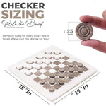 White and oceanic marble checkers set size guide — 15x15 inch board with 1.25 inch diameter disc measurement by RADICALn