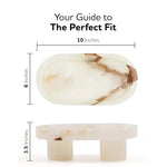 White onyx footed marble bowl size guide: 10 inches long, 6 wide, 3.5 tall