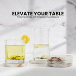 White onyx octagon marble coasters under two glasses of lemon water and iced tea