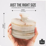 White onyx marble salt cellar with lid and 5 inch stainless steel spoon, 4 inches in diameter and 3.5 inches tall