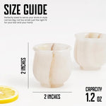 White onyx marble shot glass size guide: 2 inches tall and wide with 1.2 oz capacity