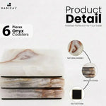 Six white onyx marble square coaster plates showing polished edges and felt bottoms