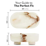 White onyx marble trinket bowl size guide: 10 inches long, 5.5 wide, 3.5 tall